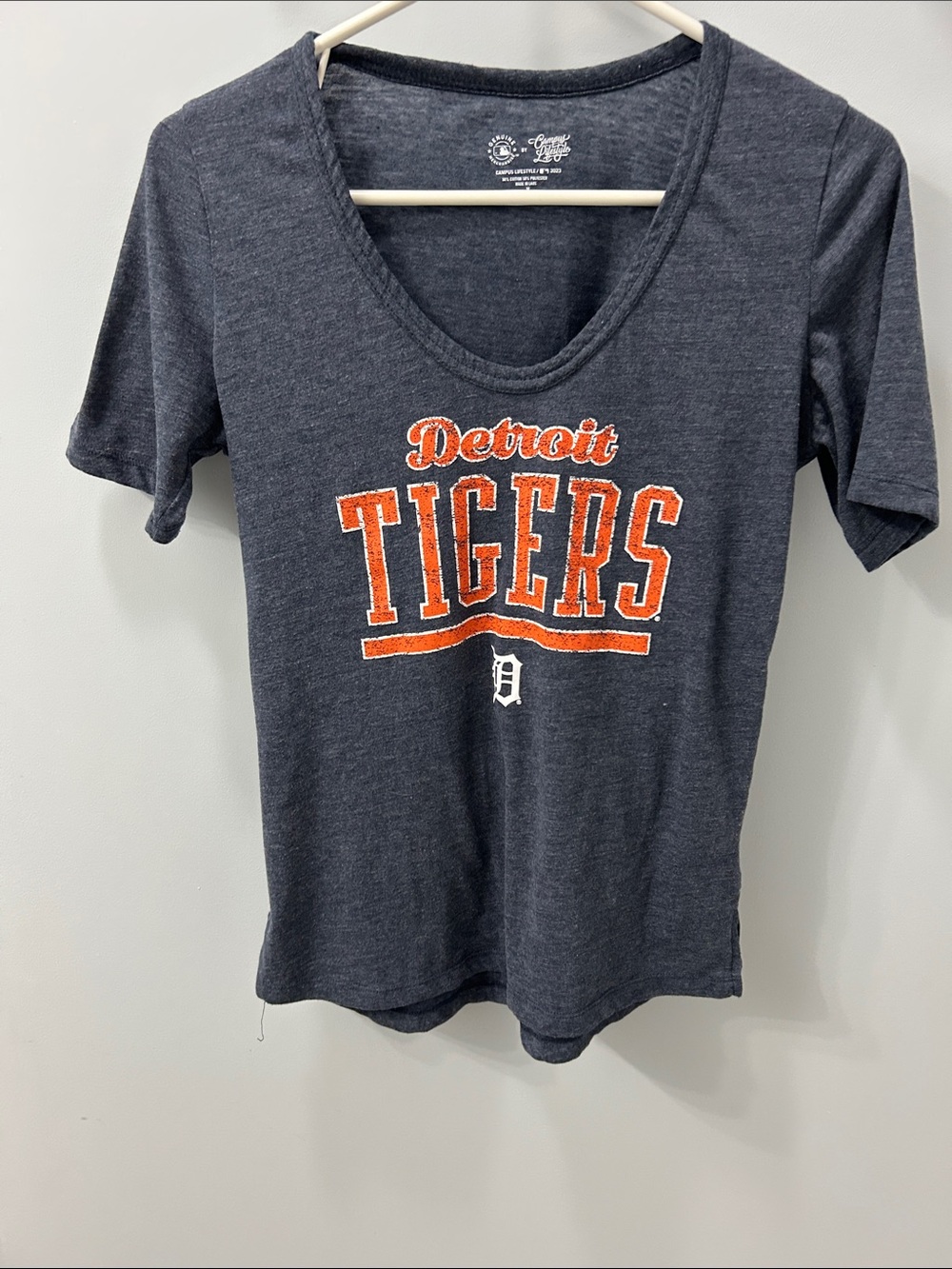Detroit Tigers Women's Navy V-Neck Tee with Orange Logo Accent